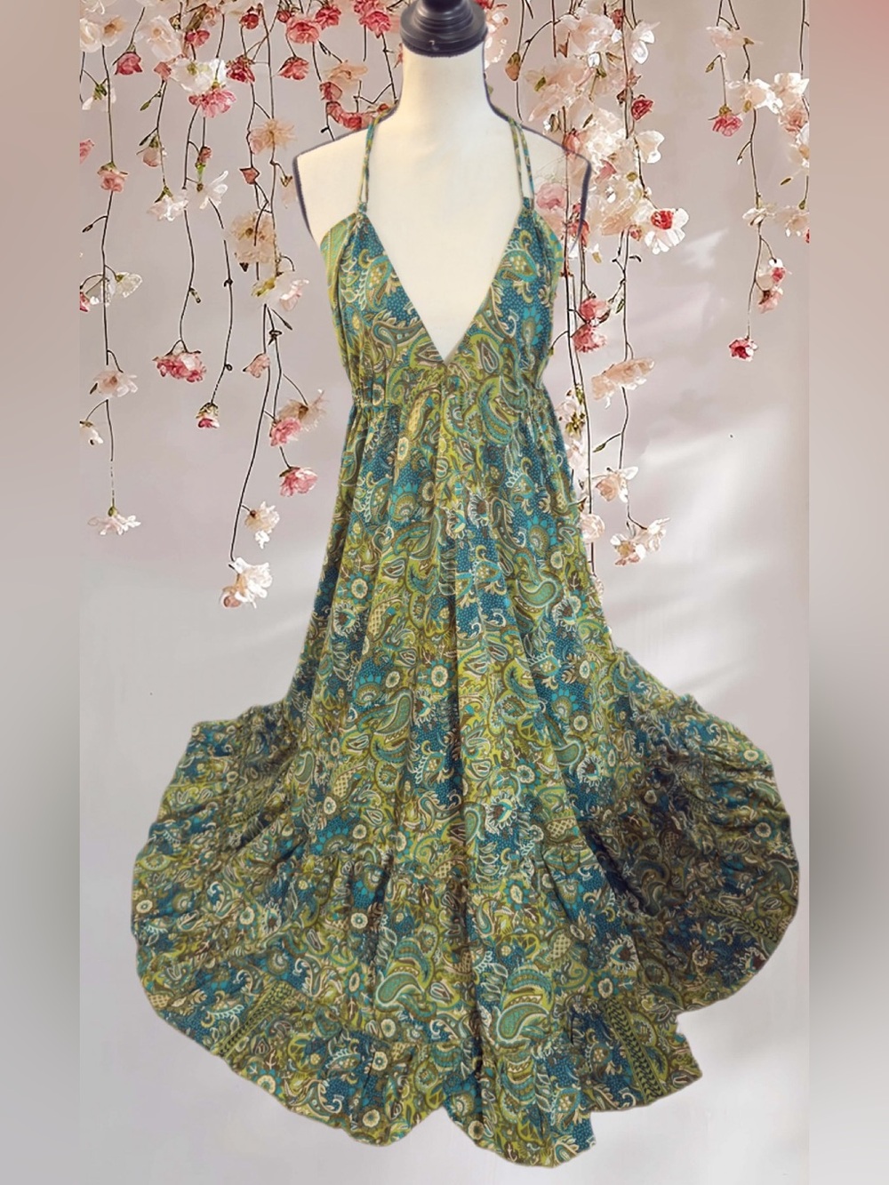 Karma Highway Bohemian Paisley Halter Maxi Dress - Green Teal